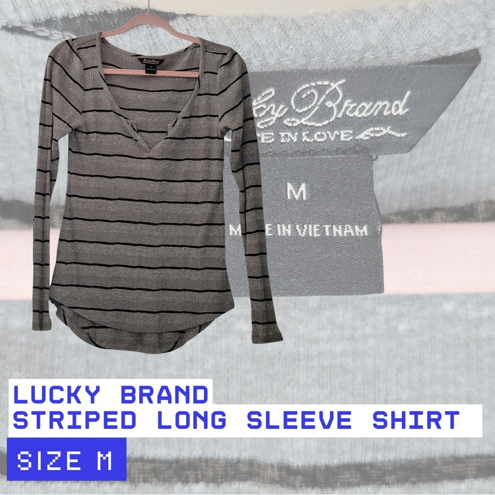 Lucky Brand Gray Striped V-Neck Top